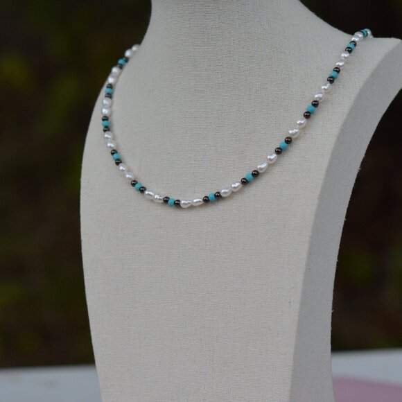 Unisex Turquoise & Freshwater Pearl Necklace with Hematite – 19" Gunmetal Lobste - Picture 3 of 5